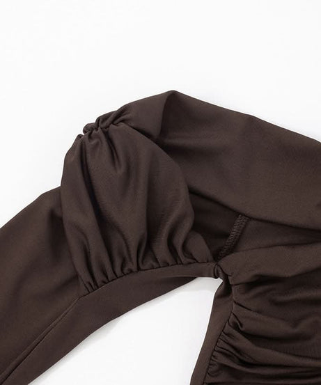 Sultry Chocolate Mesh Cutout Mini Dress - Off-Shoulder Ruched Party Dress for Fall Nights