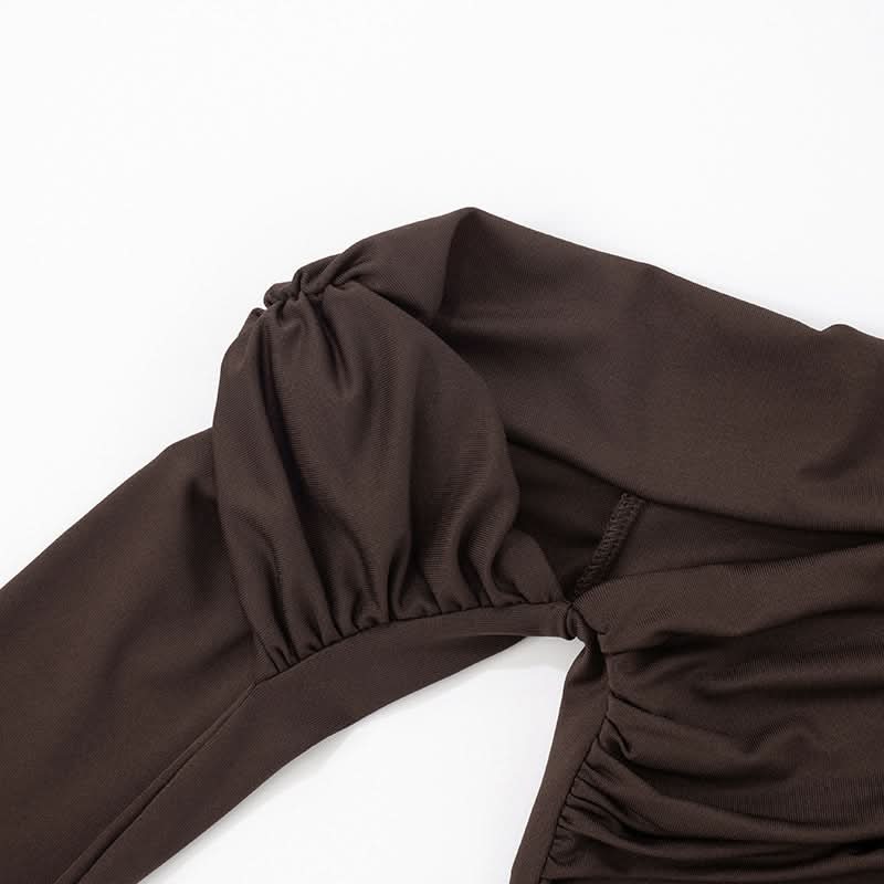 Sultry Chocolate Mesh Cutout Mini Dress - Off-Shoulder Ruched Party Dress for Fall Nights