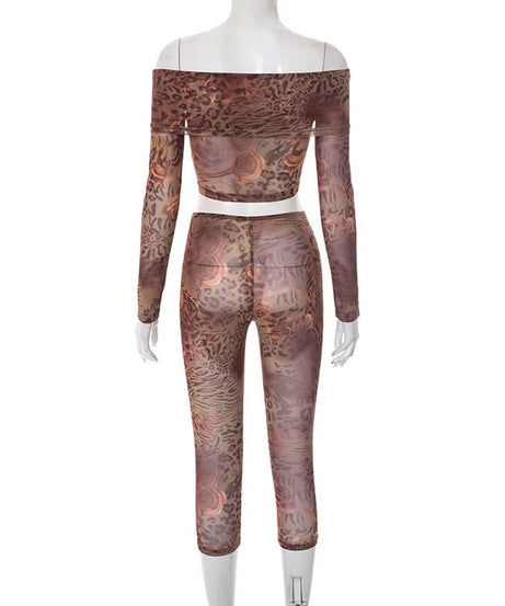 Fierce Fall Nights: Mesh Animal Print Off-Shoulder Crop Top & Leggings Set