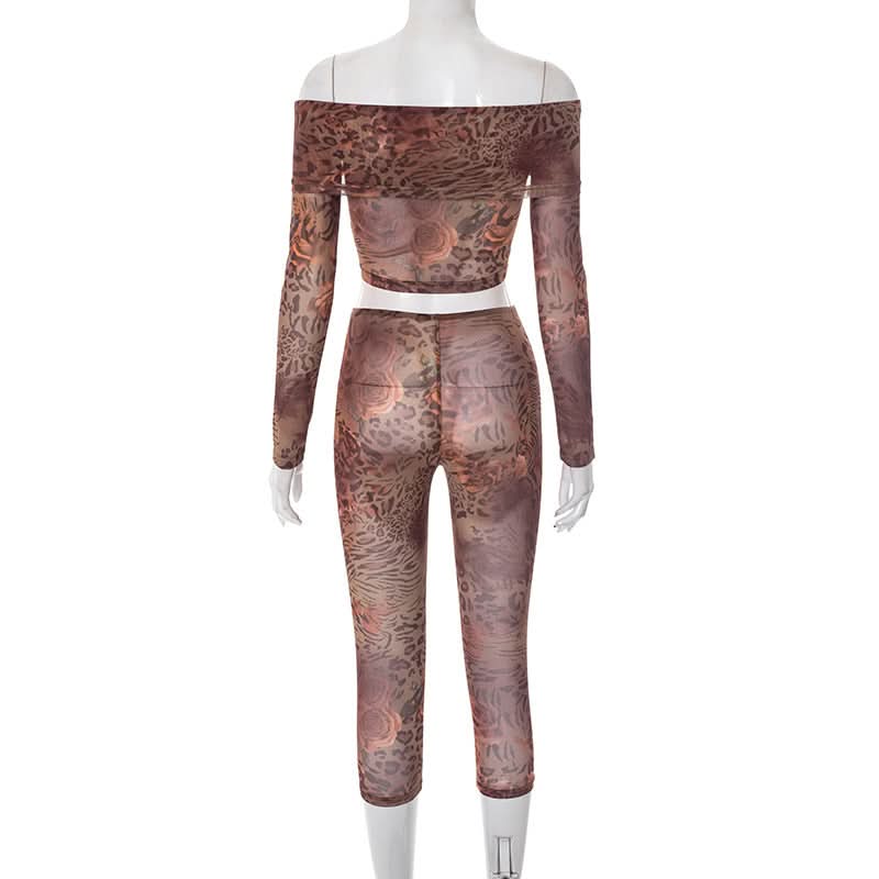 Fierce Fall Nights: Mesh Animal Print Off-Shoulder Crop Top & Leggings Set