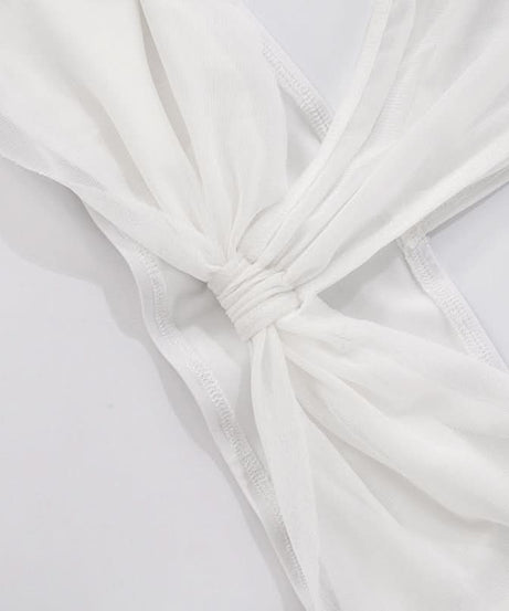 Iconic White One-Shoulder Mesh Crop Top & Biker Shorts Set – Trendy Fall Party & Vacation Statement 2-Piece Outfit