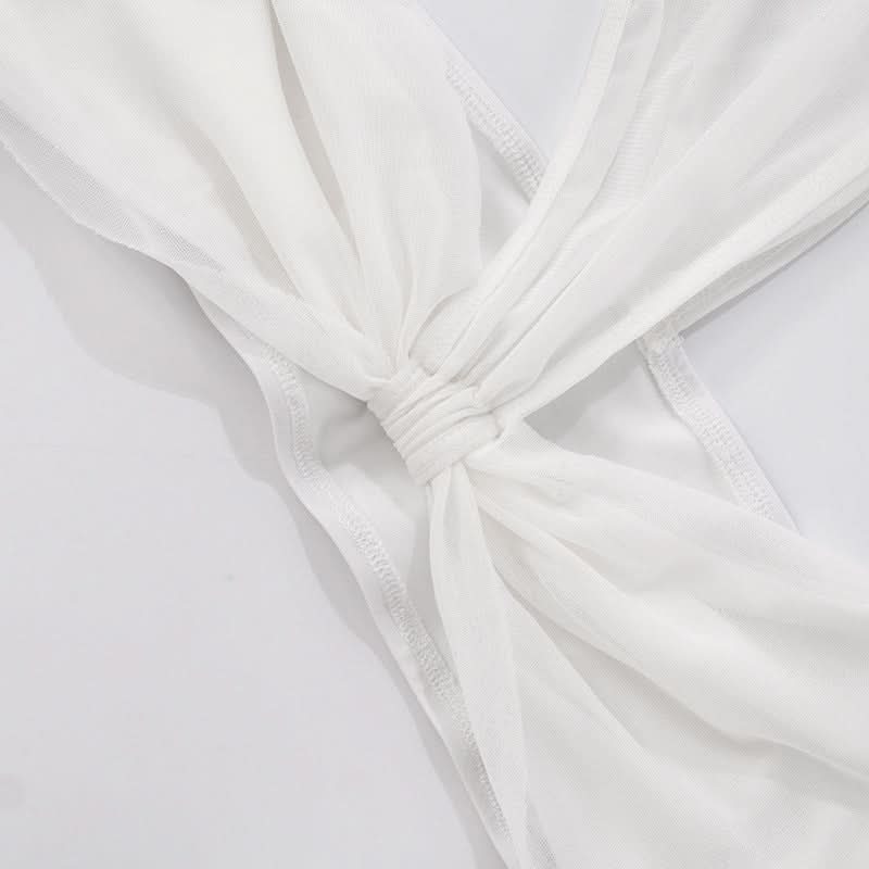 Iconic White One-Shoulder Mesh Crop Top & Biker Shorts Set – Trendy Fall Party & Vacation Statement 2-Piece Outfit