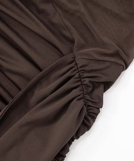 Sultry Chocolate Mesh Cutout Mini Dress - Off-Shoulder Ruched Party Dress for Fall Nights
