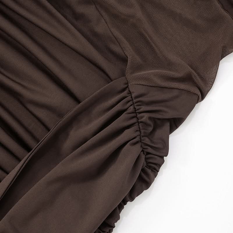 Sultry Chocolate Mesh Cutout Mini Dress - Off-Shoulder Ruched Party Dress for Fall Nights