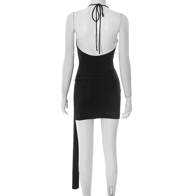 Chic Black Halter Cowl Neck Mini Dress with Asymmetrical Drape | Fall & Holiday Party Ready