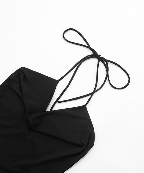 Chic Black Halter Cowl Neck Mini Dress with Asymmetrical Drape | Fall & Holiday Party Ready