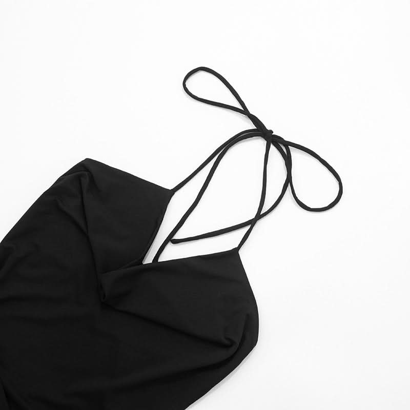 Chic Black Halter Cowl Neck Mini Dress with Asymmetrical Drape | Fall & Holiday Party Ready