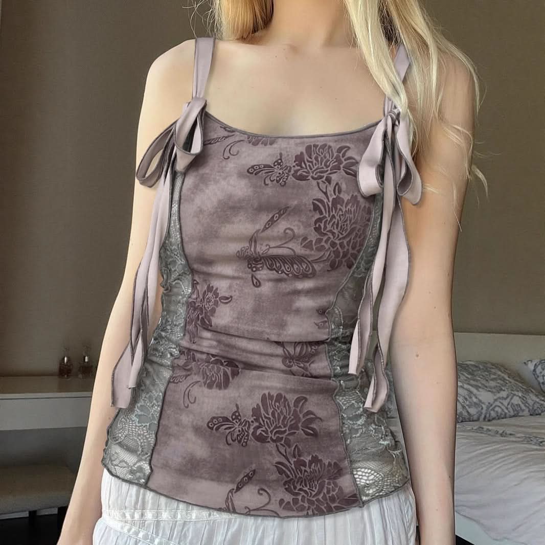 Autumn Bloom: Romantic Dusty Floral Lace Cami Top with Adjustable Tie Straps