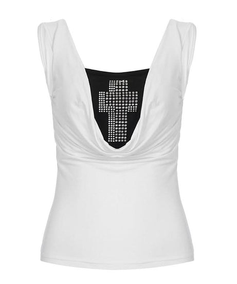 Sparkle & Spirit: Women's White Cowl Neck Tank Top with Dazzling Rhinestone Cross – Chic Fall Layering Essential