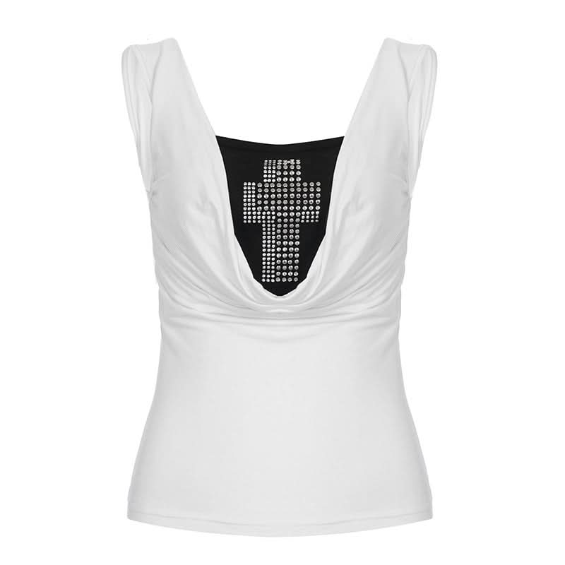 Sparkle & Spirit: Women's White Cowl Neck Tank Top with Dazzling Rhinestone Cross – Chic Fall Layering Essential