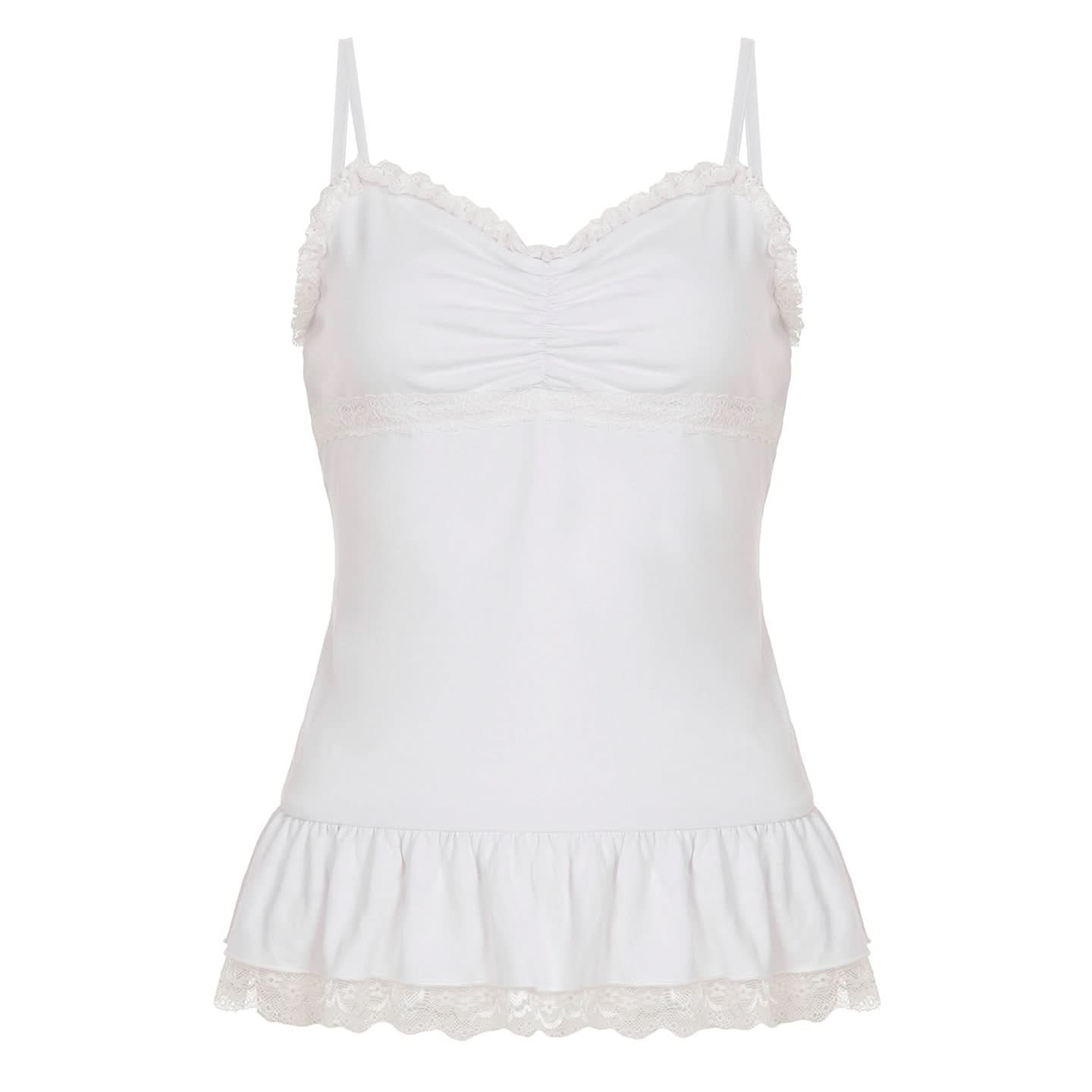 Effortless Chic White Lace Ruffle Cami | Soft Ruched Top for Cozy Fall Layering