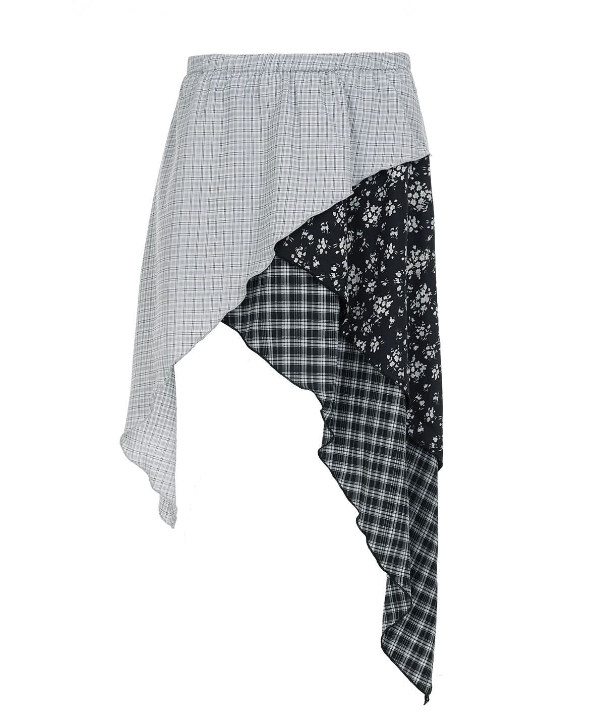 Fall Chic: Asymmetrical Plaid & Floral Patchwork Mini Skirt for Women