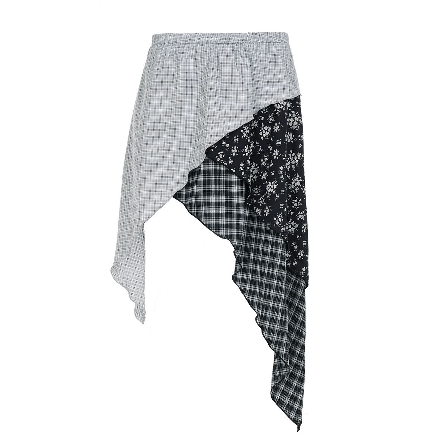 Fall Chic: Asymmetrical Plaid & Floral Patchwork Mini Skirt for Women