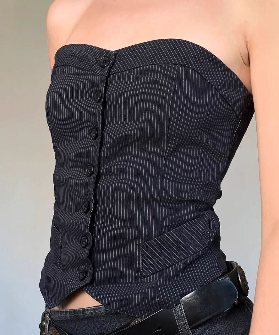 Pinstripe Strapless Corset Vest Top - Chic Fall & Holiday Statement for American Women