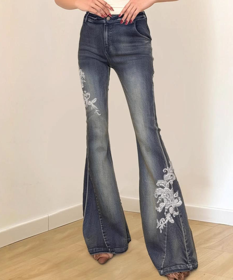 Fall Blossom High-Waist Embroidered Flare Jeans - Vintage Chic Denim for American Women