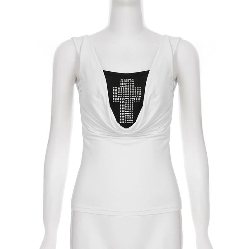 Sparkle & Spirit: Women's White Cowl Neck Tank Top with Dazzling Rhinestone Cross – Chic Fall Layering Essential