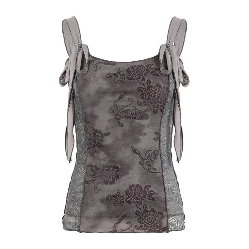 Autumn Bloom: Romantic Dusty Floral Lace Cami Top with Adjustable Tie Straps