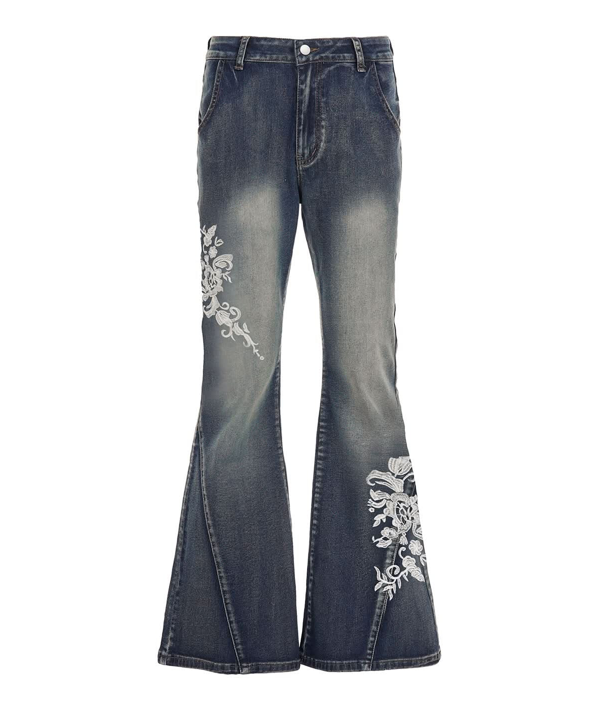 Fall Blossom High-Waist Embroidered Flare Jeans - Vintage Chic Denim for American Women