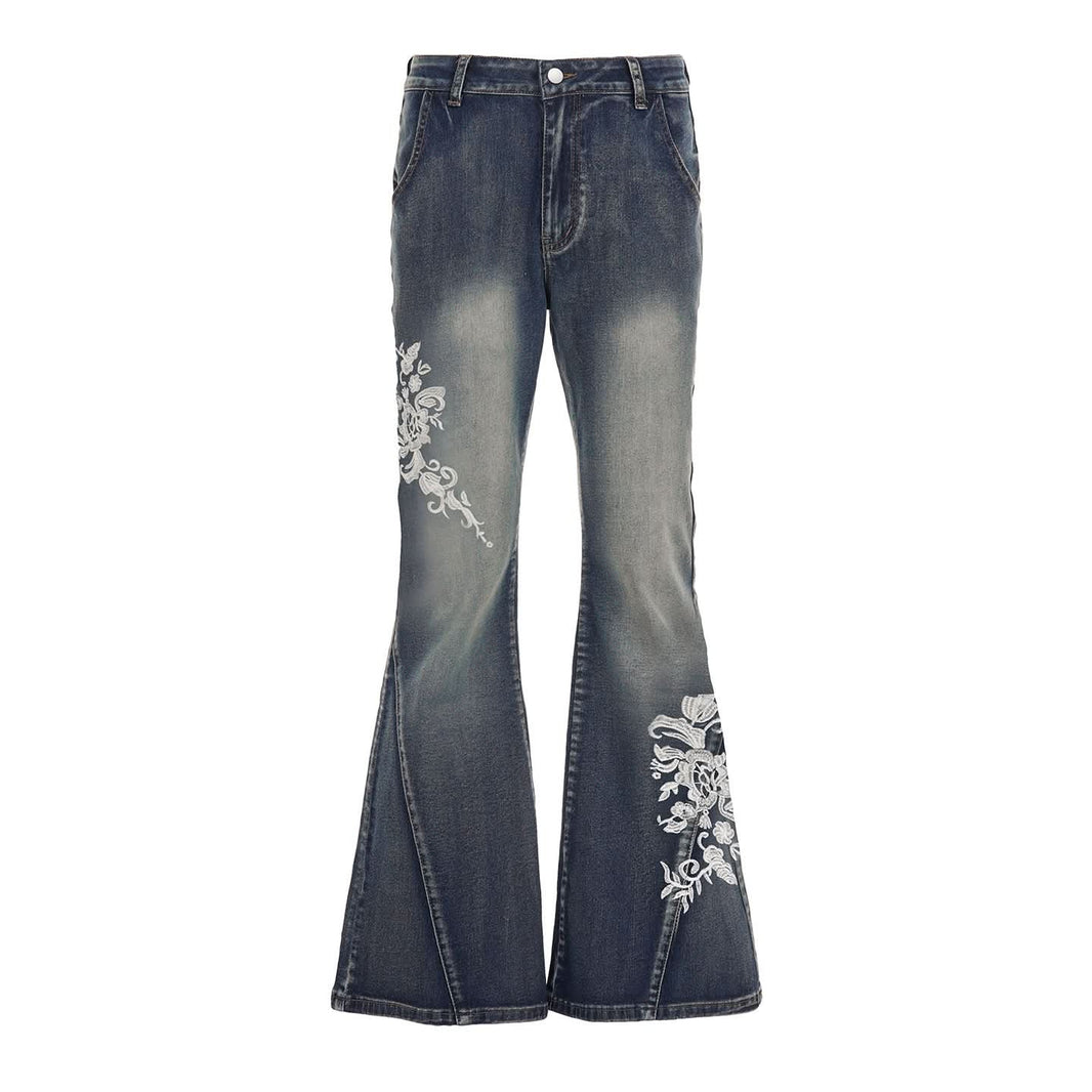 Fall Blossom High-Waist Embroidered Flare Jeans - Vintage Chic Denim for American Women