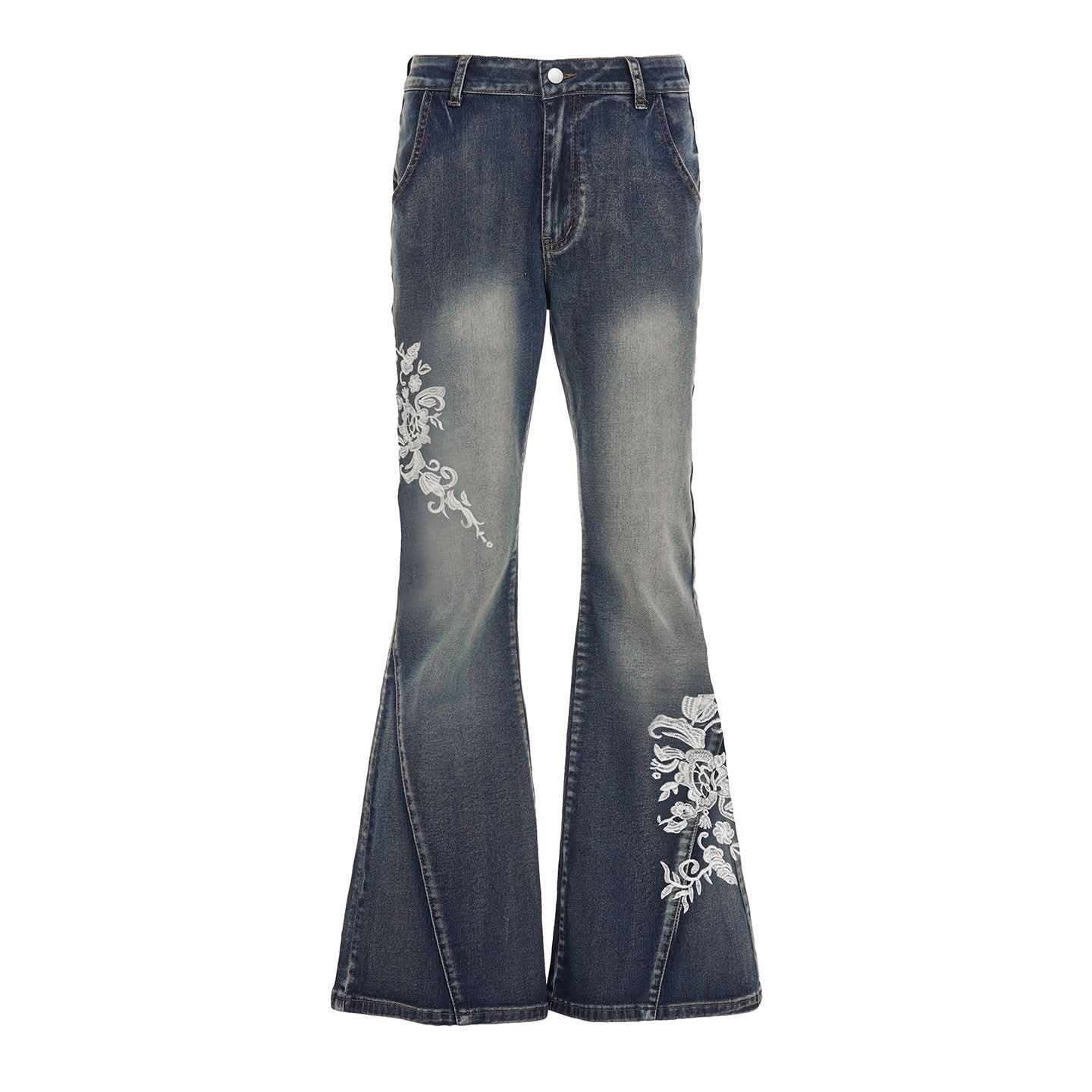 Fall Blossom High-Waist Embroidered Flare Jeans - Vintage Chic Denim for American Women