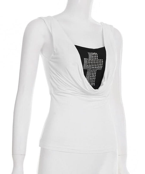 Sparkle & Spirit: Women's White Cowl Neck Tank Top with Dazzling Rhinestone Cross – Chic Fall Layering Essential