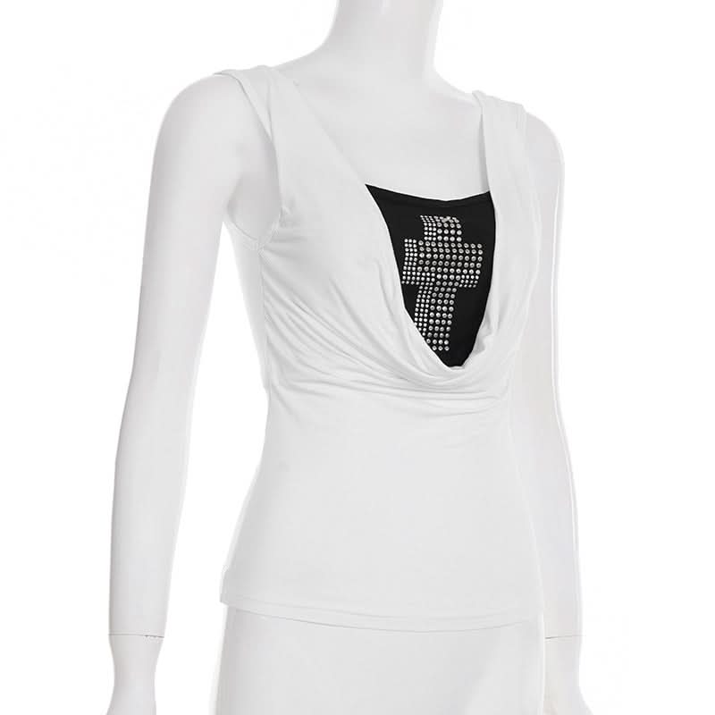 Sparkle & Spirit: Women's White Cowl Neck Tank Top with Dazzling Rhinestone Cross – Chic Fall Layering Essential