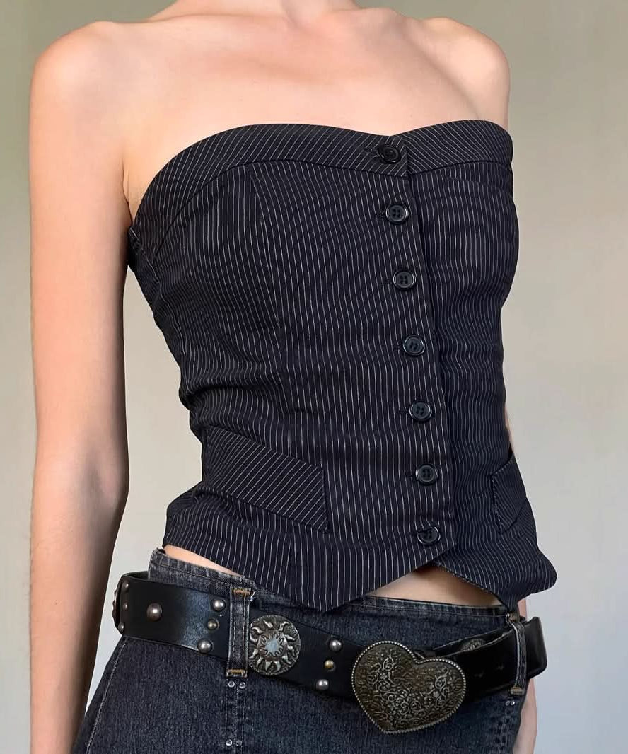 Pinstripe Strapless Corset Vest Top - Chic Fall & Holiday Statement for American Women
