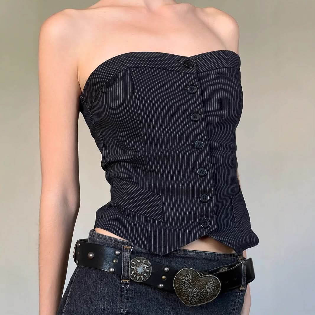 Pinstripe Strapless Corset Vest Top - Chic Fall & Holiday Statement for American Women