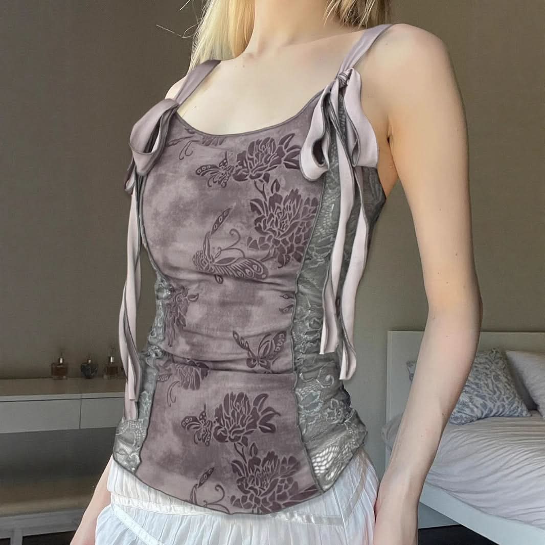 Autumn Bloom: Romantic Dusty Floral Lace Cami Top with Adjustable Tie Straps