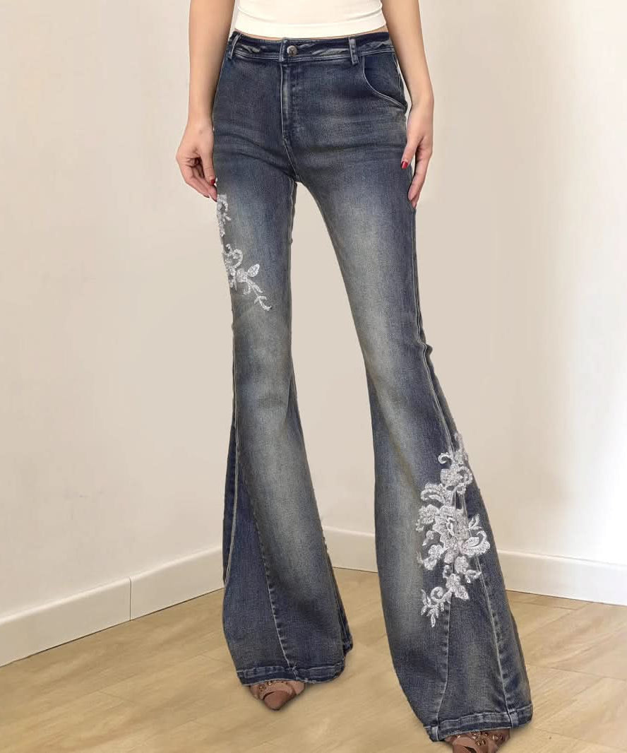 Fall Blossom High-Waist Embroidered Flare Jeans - Vintage Chic Denim for American Women