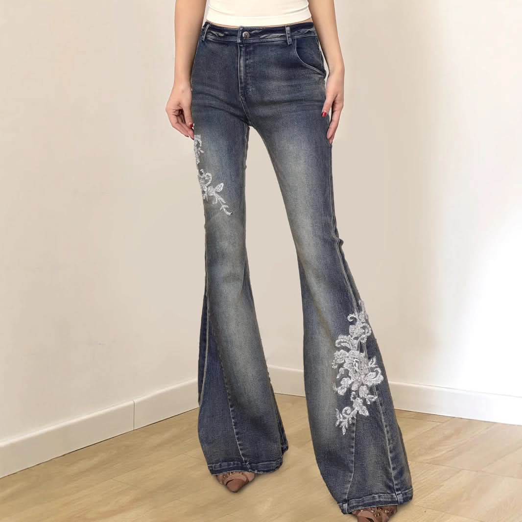 Fall Blossom High-Waist Embroidered Flare Jeans - Vintage Chic Denim for American Women