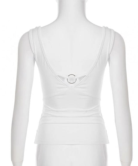 Sparkle & Spirit: Women's White Cowl Neck Tank Top with Dazzling Rhinestone Cross – Chic Fall Layering Essential