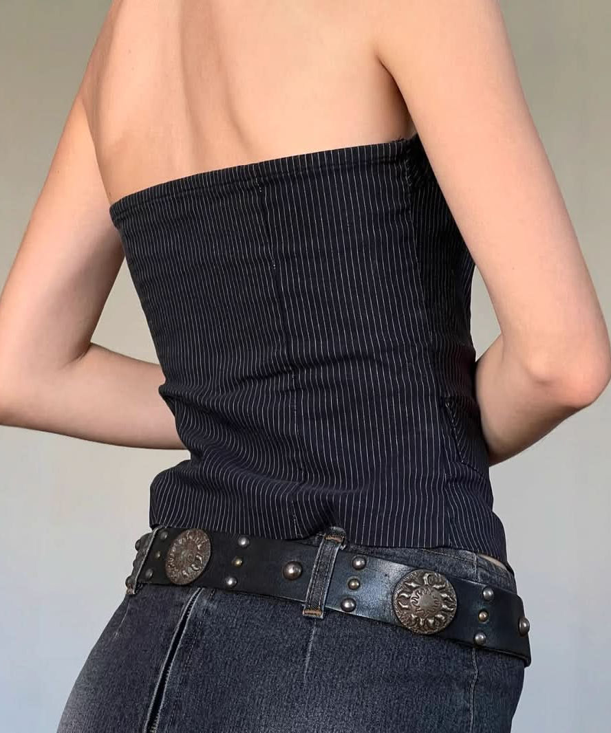 Pinstripe Strapless Corset Vest Top - Chic Fall & Holiday Statement for American Women