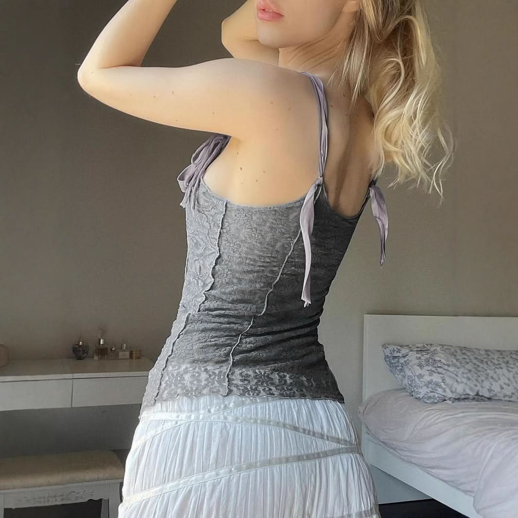 Autumn Bloom: Romantic Dusty Floral Lace Cami Top with Adjustable Tie Straps