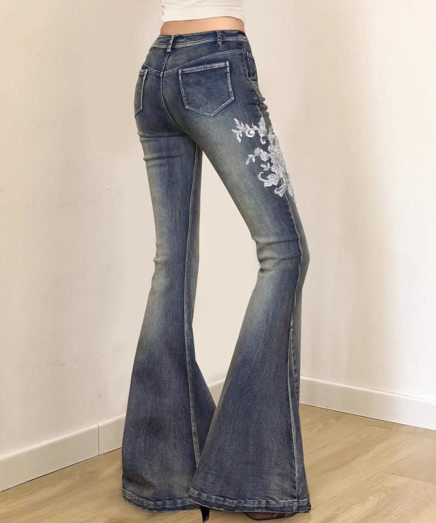 Fall Blossom High-Waist Embroidered Flare Jeans - Vintage Chic Denim for American Women