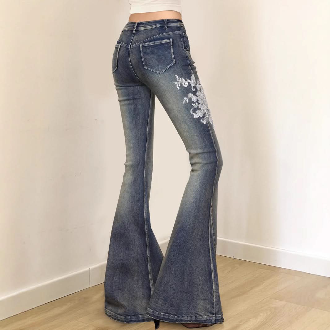 Fall Blossom High-Waist Embroidered Flare Jeans - Vintage Chic Denim for American Women
