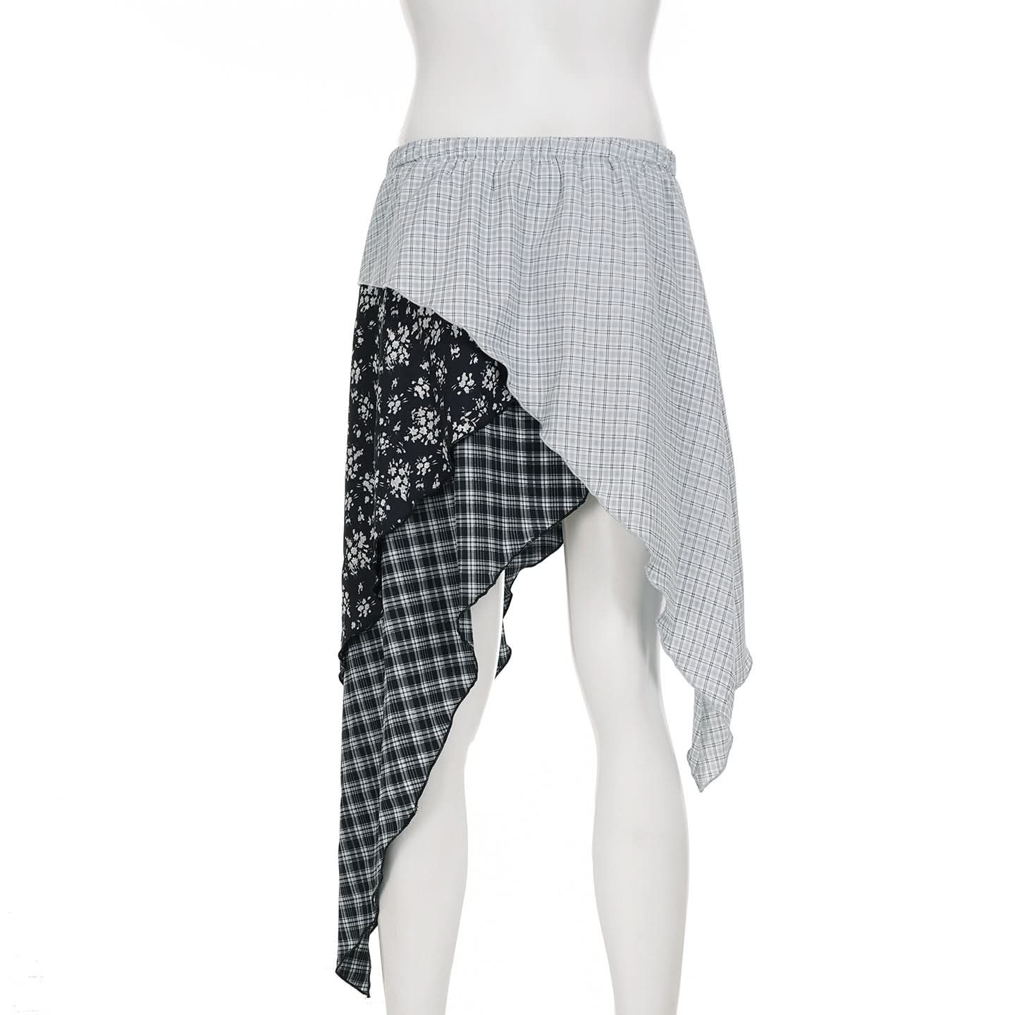 Fall Chic: Asymmetrical Plaid & Floral Patchwork Mini Skirt for Women