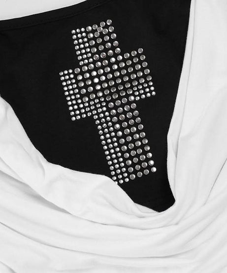 Sparkle & Spirit: Women's White Cowl Neck Tank Top with Dazzling Rhinestone Cross – Chic Fall Layering Essential