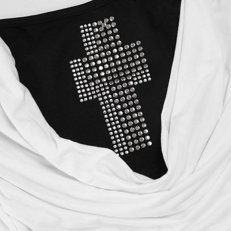 Sparkle & Spirit: Women's White Cowl Neck Tank Top with Dazzling Rhinestone Cross – Chic Fall Layering Essential