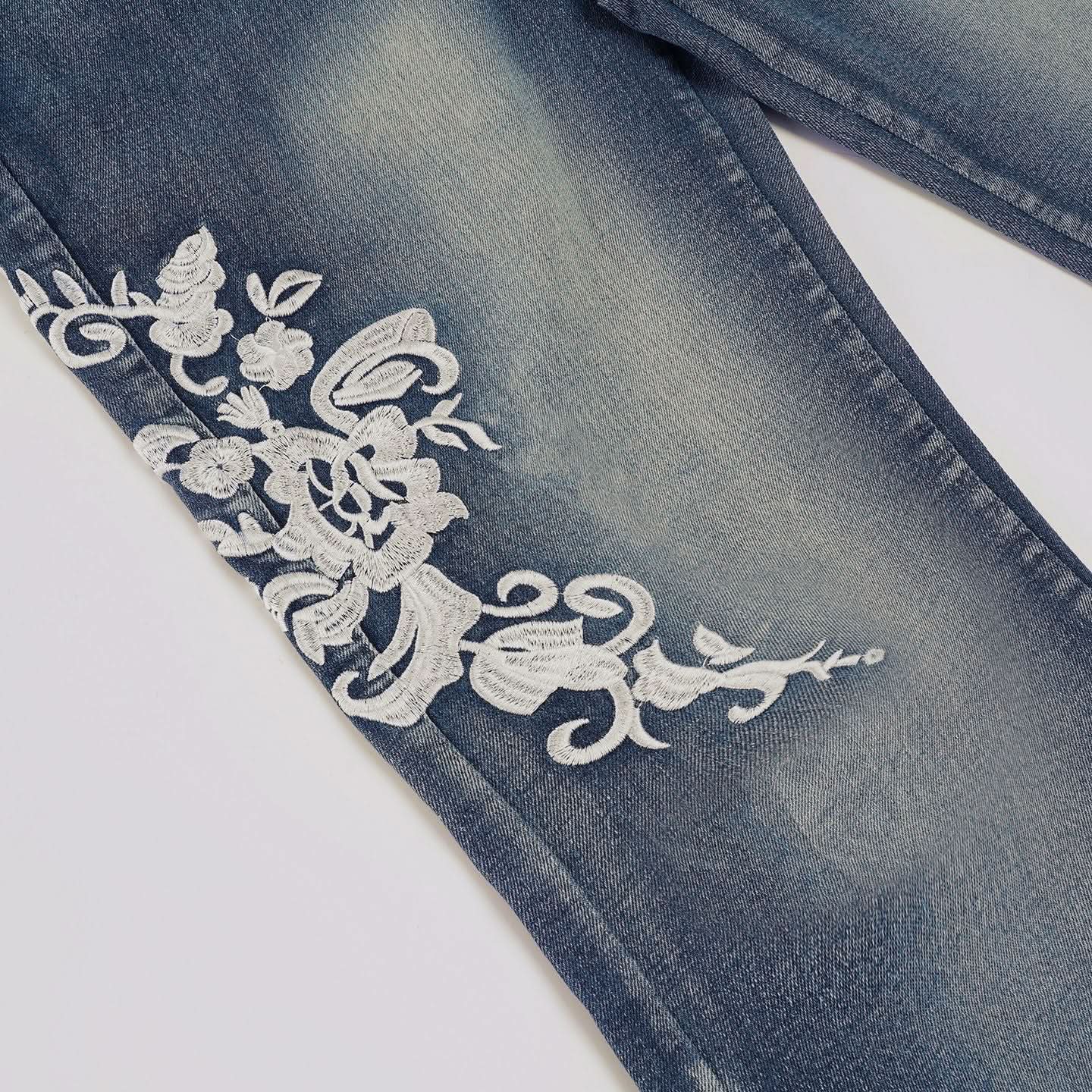 Fall Blossom High-Waist Embroidered Flare Jeans - Vintage Chic Denim for American Women