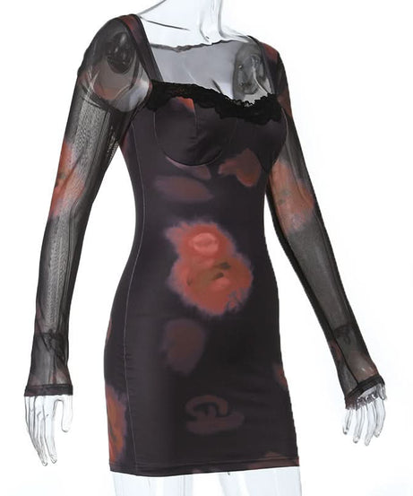 Vampy Dark Floral Mesh Mini Dress - Square Neck Bodycon with Lace Trim | Fall Nights Out