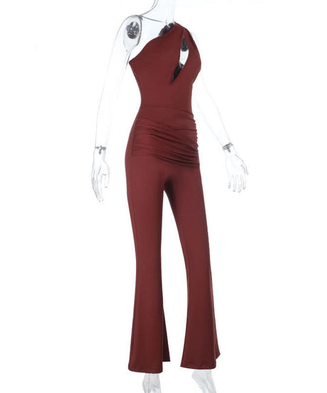 Stunning Fall Statement: Burgundy One-Shoulder Flared Jumpsuit