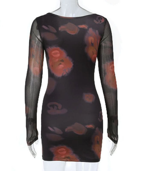 Vampy Dark Floral Mesh Mini Dress - Square Neck Bodycon with Lace Trim | Fall Nights Out