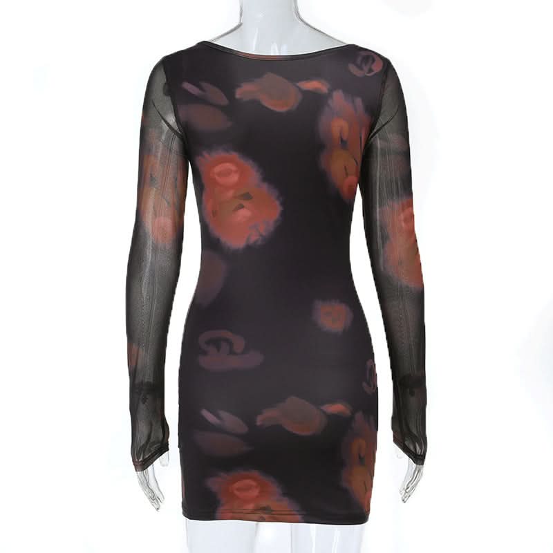 Vampy Dark Floral Mesh Mini Dress - Square Neck Bodycon with Lace Trim | Fall Nights Out