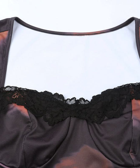 Vampy Dark Floral Mesh Mini Dress - Square Neck Bodycon with Lace Trim | Fall Nights Out