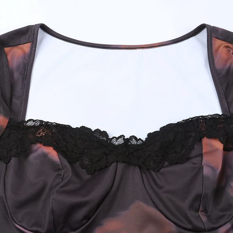 Vampy Dark Floral Mesh Mini Dress - Square Neck Bodycon with Lace Trim | Fall Nights Out