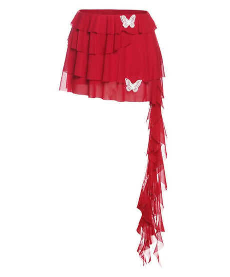Dramatic Red Butterfly Ruffle Mini Skirt with Train - Perfect for Fall Parties & Halloween