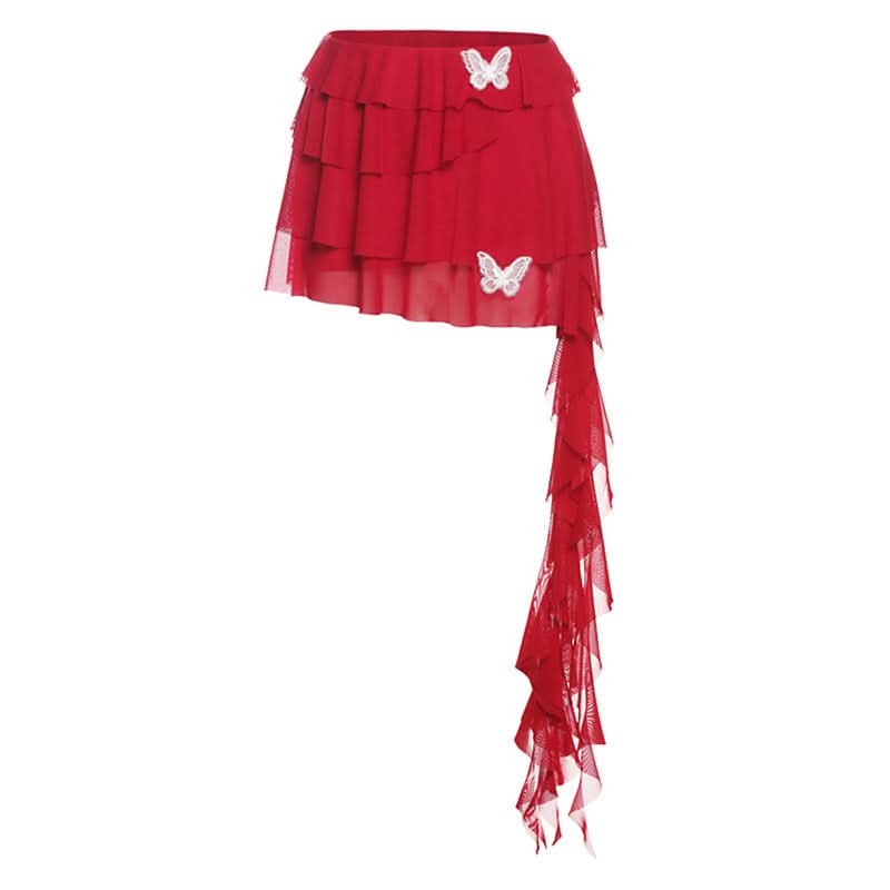 Dramatic Red Butterfly Ruffle Mini Skirt with Train - Perfect for Fall Parties & Halloween