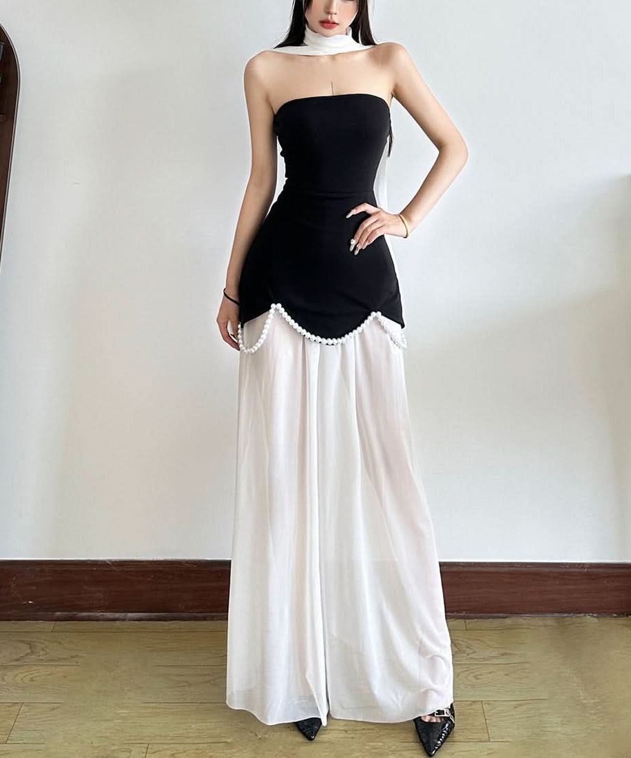 Chic Black & White Strapless Pearl Maxi Dress - Elegant Holiday Event Gown