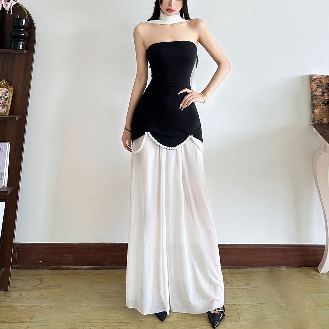 Chic Black & White Strapless Pearl Maxi Dress - Elegant Holiday Event Gown